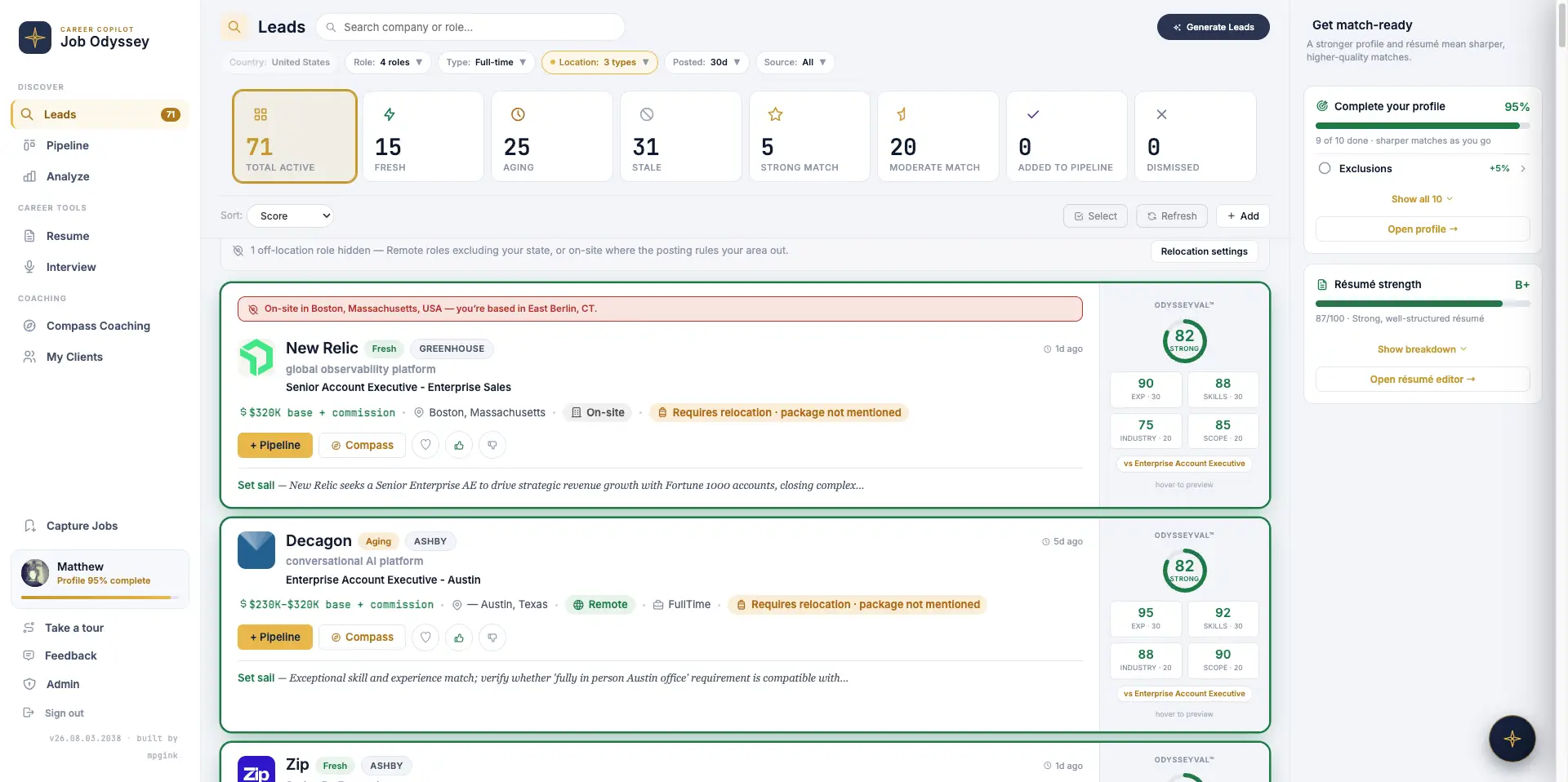 Job Odyssey — Leads dashboard with OdysseyVal fit scores
