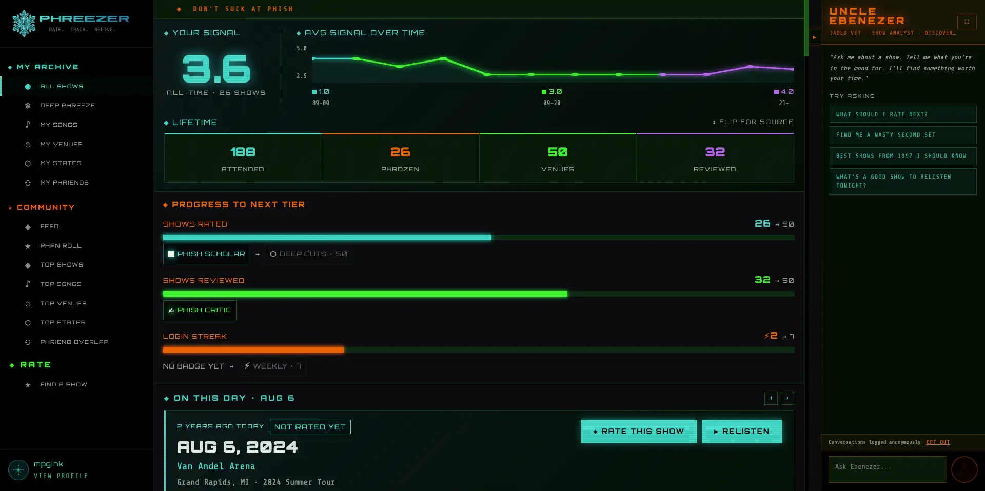 Phreezer — My Archive dashboard with signal, lifetime stats, and Uncle Ebenezer